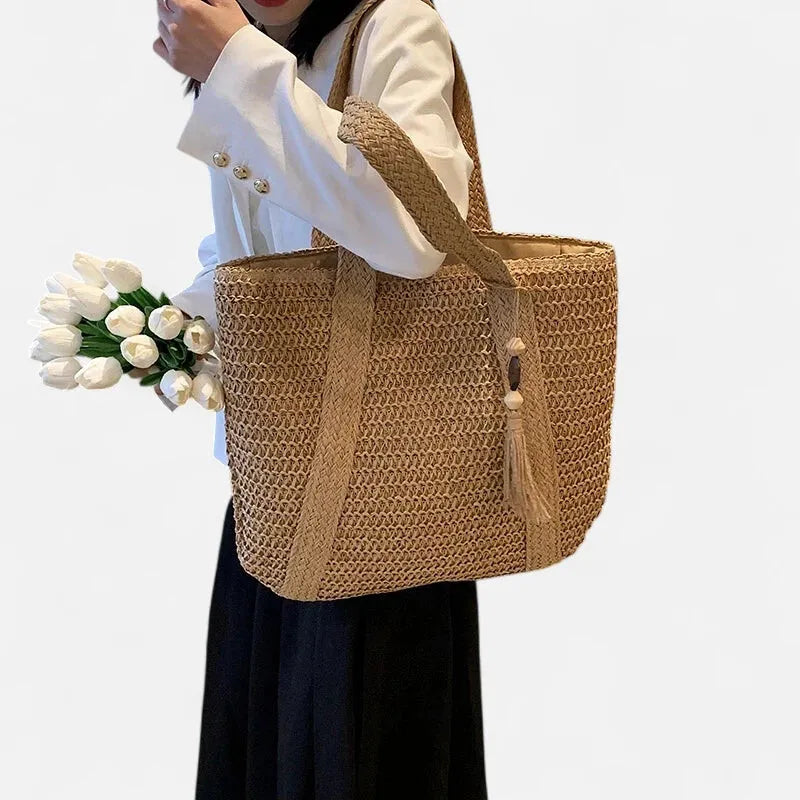 Grand sac à main cabas en paille avec pompon Naïma - image 6