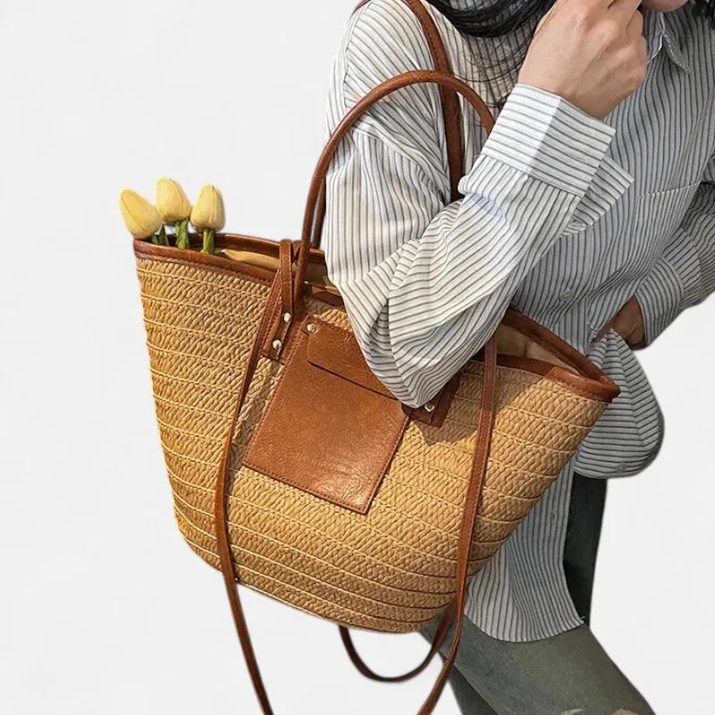 Grand sac à main cabas panier en paille double porté Anaëlle - image 10