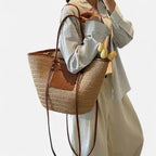 Grand sac à main cabas panier en paille double porté Anaëlle - image 12