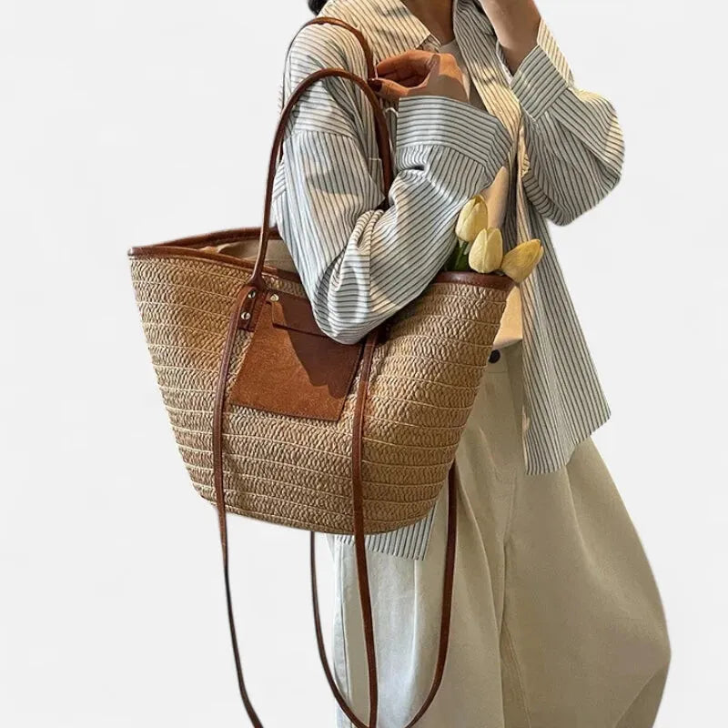 Grand sac à main cabas panier en paille double porté Anaëlle - image 12