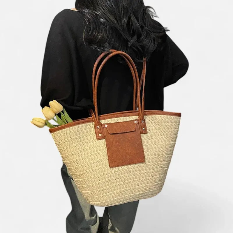 Grand sac à main cabas panier en paille double porté Anaëlle - image 15