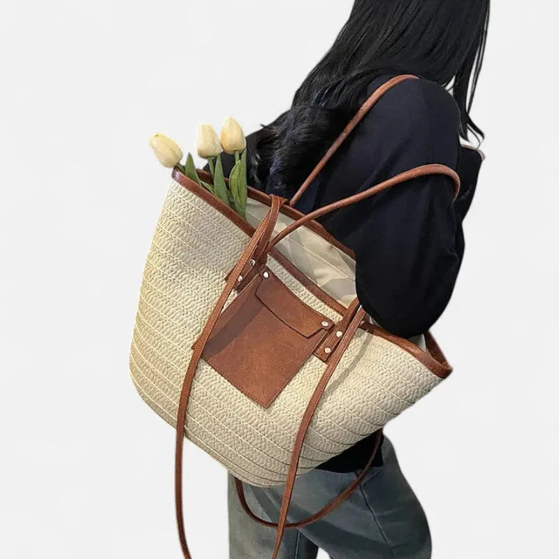 Grand sac à main cabas panier en paille double porté Anaëlle - image 16