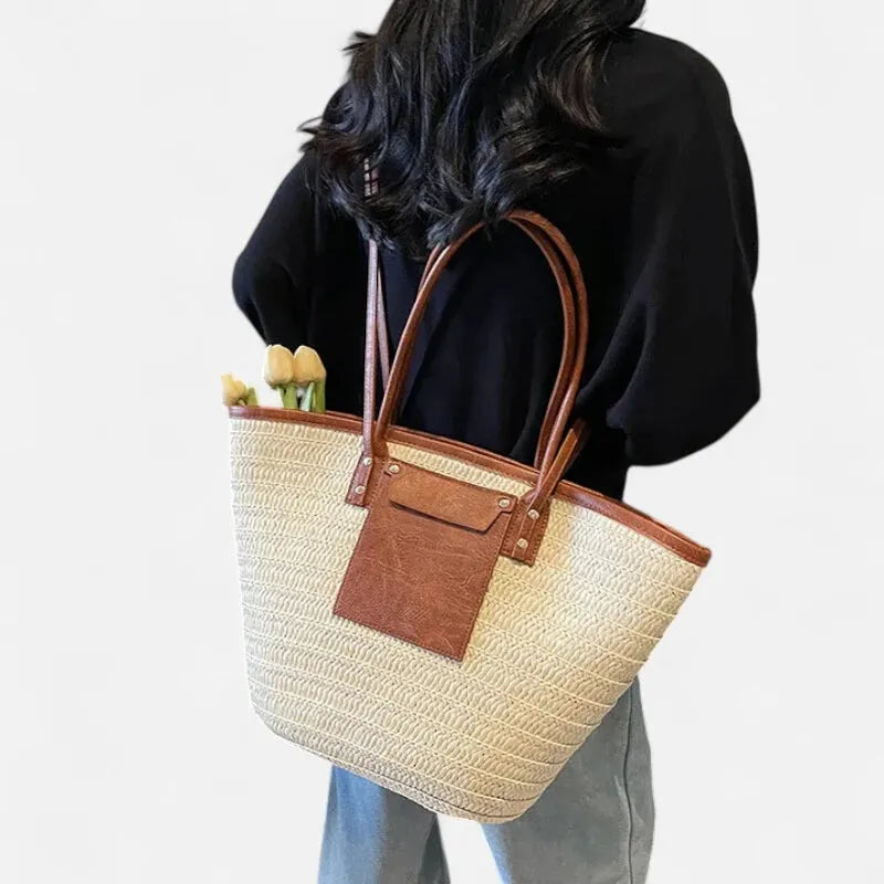 Grand sac à main cabas panier en paille double porté Anaëlle - image 17