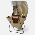 Grand sac à main cabas panier en paille double porté Anaëlle - image 18
