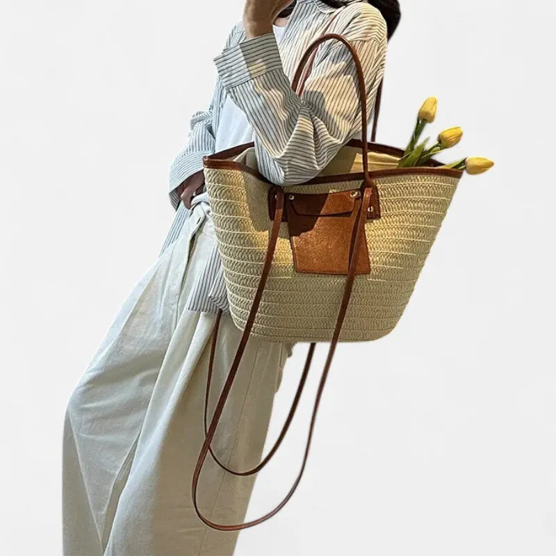 Grand sac à main cabas panier en paille double porté Anaëlle - image 19