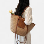 Grand sac à main cabas panier en paille double porté Anaëlle - image 2