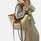 Grand sac à main cabas panier en paille double porté Anaëlle - image 21