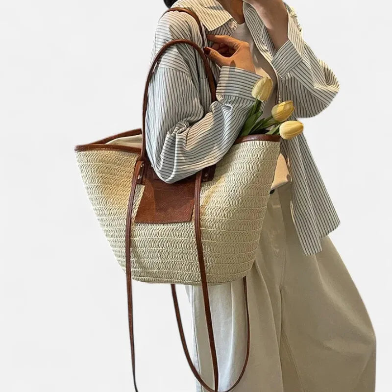 Grand sac à main cabas panier en paille double porté Anaëlle - image 21