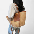 Grand sac à main cabas panier en paille double porté Anaëlle - image 4