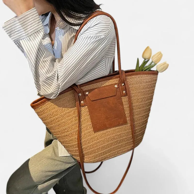 Grand sac à main cabas panier en paille double porté Anaëlle - image 6