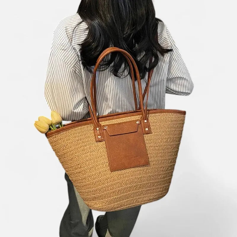 Grand sac à main cabas panier en paille double porté Anaëlle - image 8