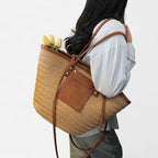 Grand sac à main cabas panier en paille double porté Anaëlle - image 9