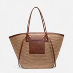 Grand sac à main cabas panier en paille double porté Anaëlle - Marron clair - image 1