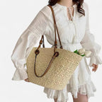 Grand sac à main cabas panier en paille double porté Louna - image 2