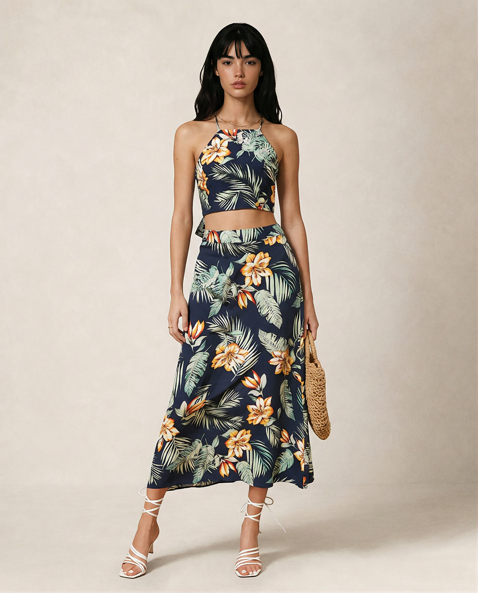 Printed Cami and Midi Skirt Set