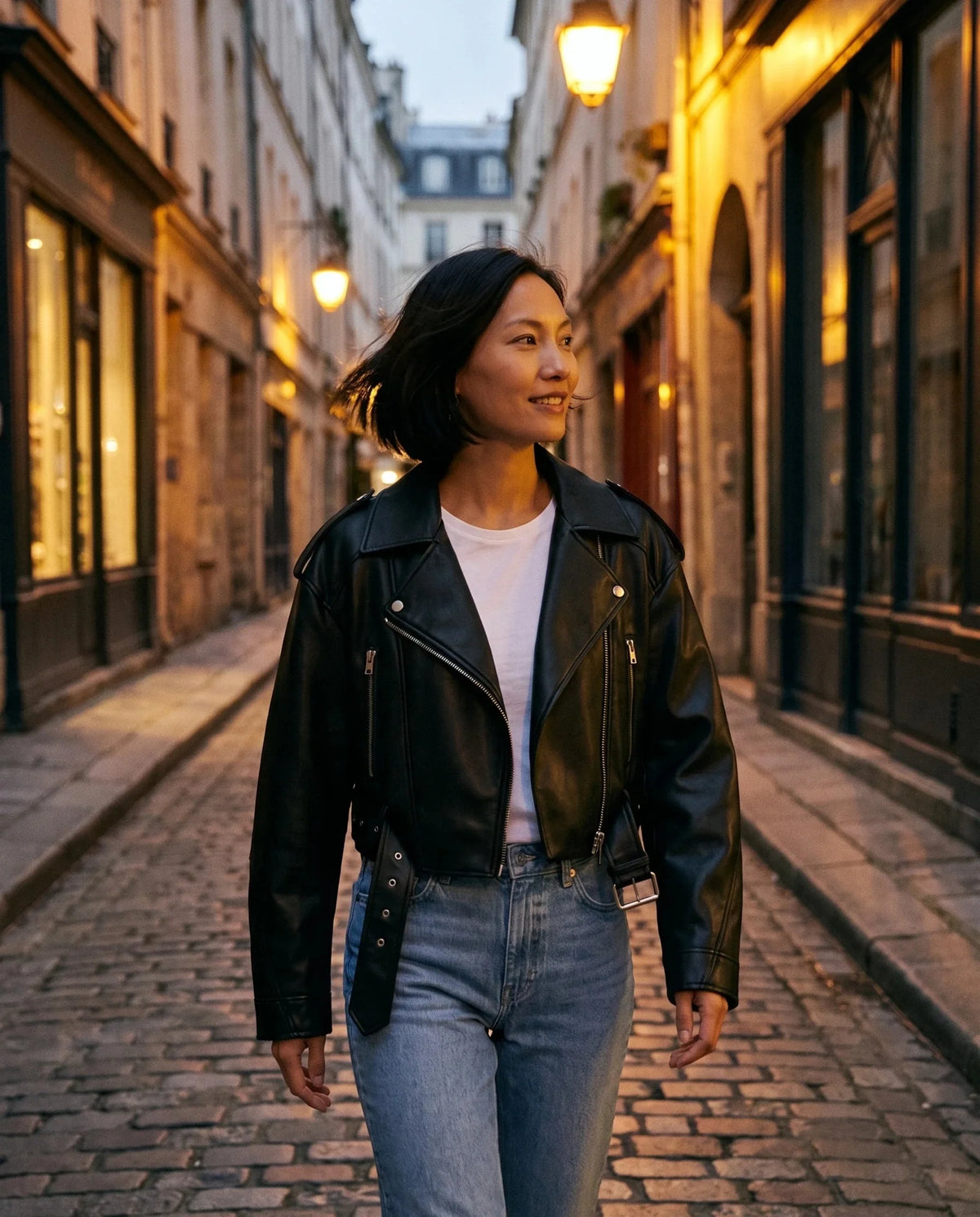 Perfecto simili noir Sixtine, porté dans une ruelle pavée au crépuscule