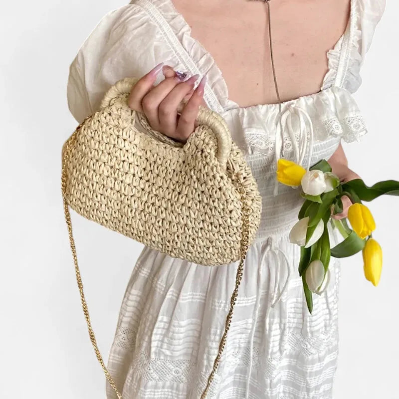 Sac à main en paille avec bandoulière en chaîne dorée Iris - image 7