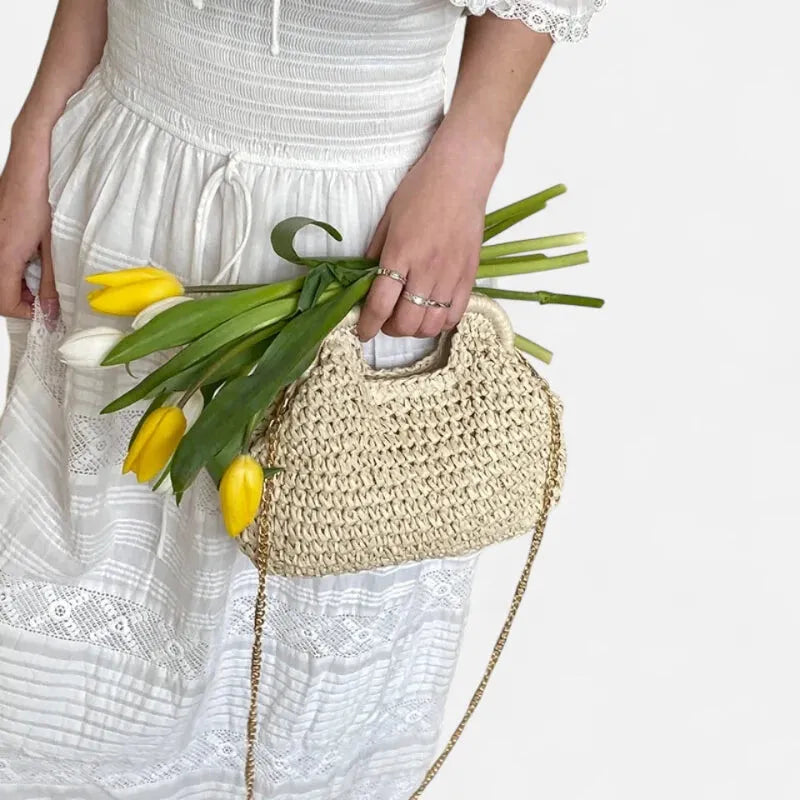 Sac à main en paille avec bandoulière en chaîne dorée Iris - image 8