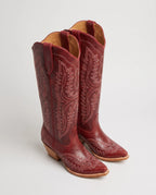 Bottes santiags hautes brodées effet cuir huilé Régine — Rouge, packshot vue complémentaire