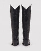 Bottes santiags hautes à talon effet cuir Anastasie — Noir, paire vue de dos, couture de tige et talon cubain