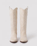 Bottes santiags brodées en suédine Zéphyrine — Blanc Cassé, paire vue de face studio