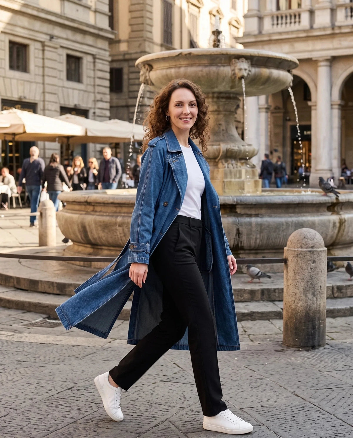 Trench en jean bleu denim Théodora, porté sur une place à fontaine