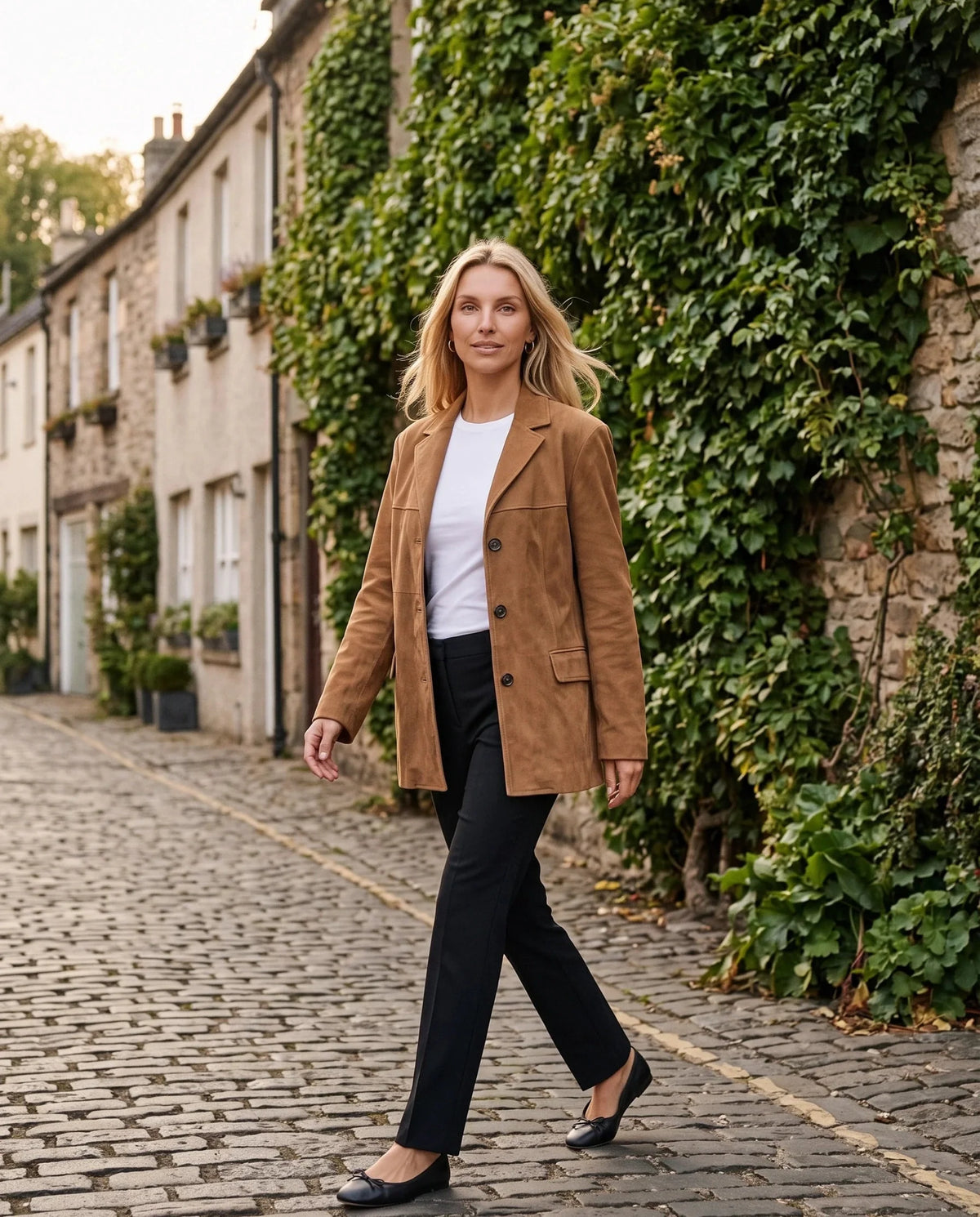 Veste-blazer en suédine marron Eugénie, portée le long d'un mur de lierre
