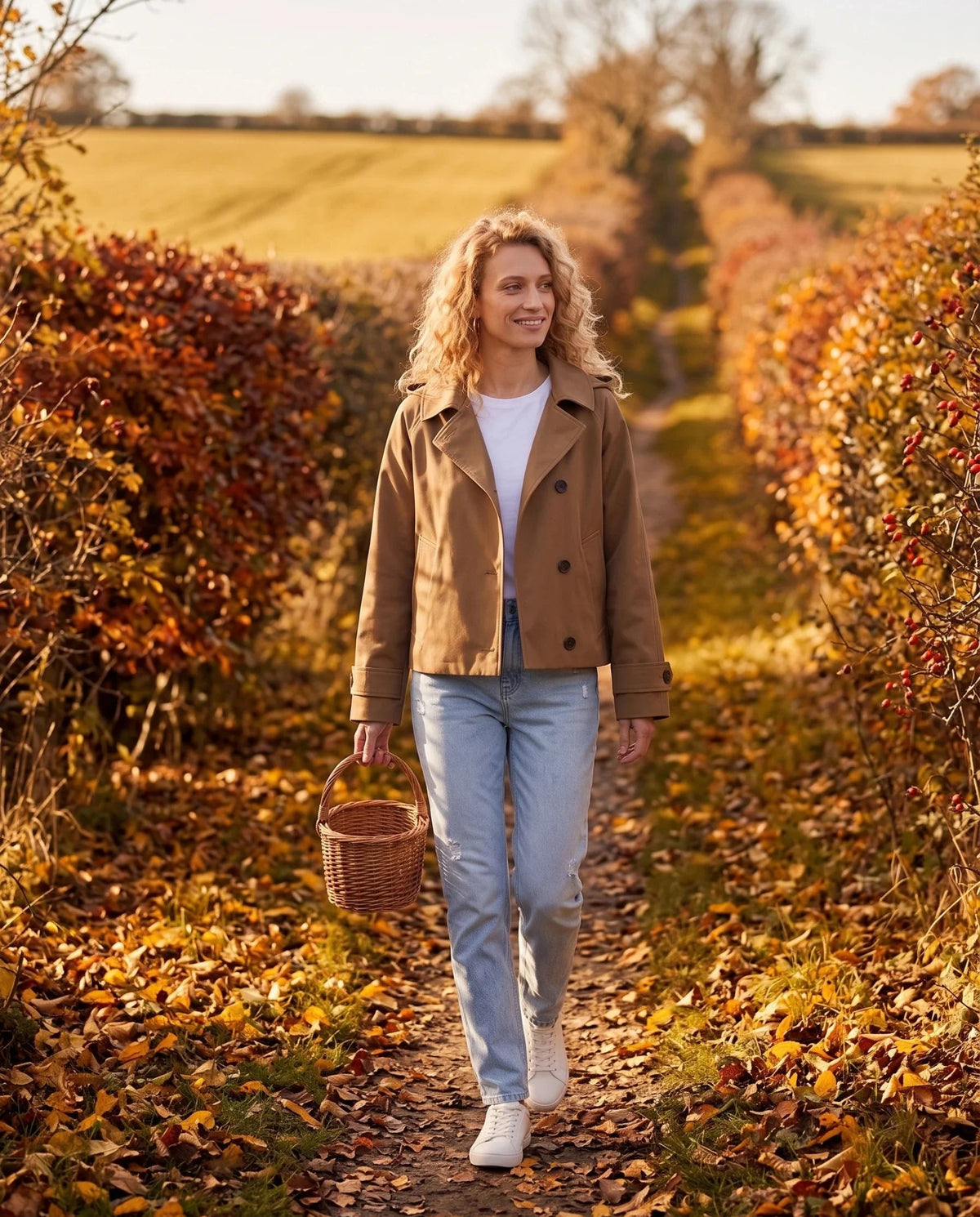 Veste à capuche brun Eulalie, portée sur un chemin de campagne en automne