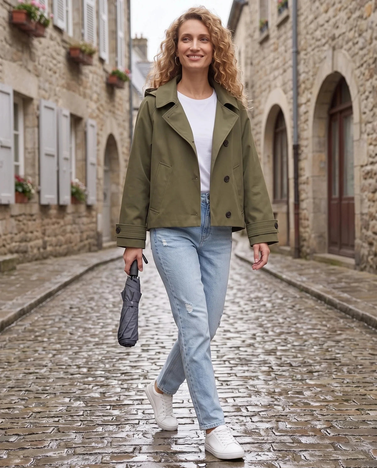 Veste à capuche vert armée Eulalie, portée dans une rue pavée après la pluie
