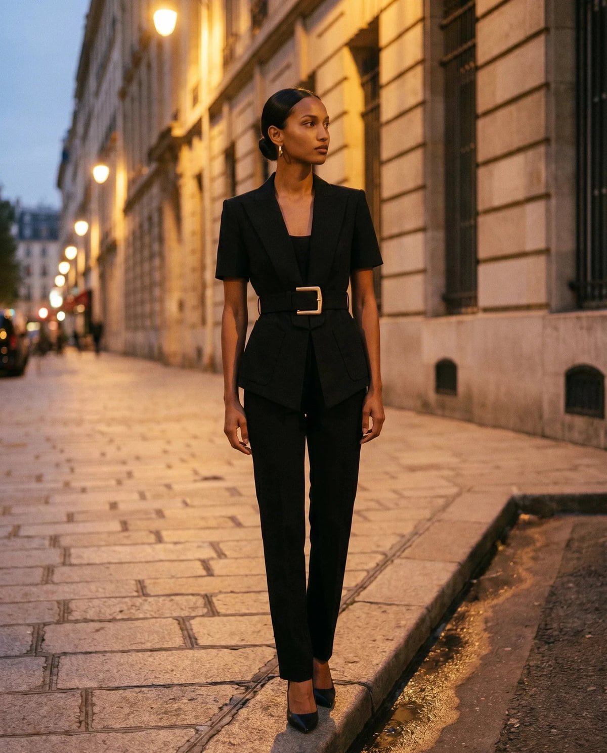 Veste ceinturée noire Albane, portée sur une avenue en pierre le soir