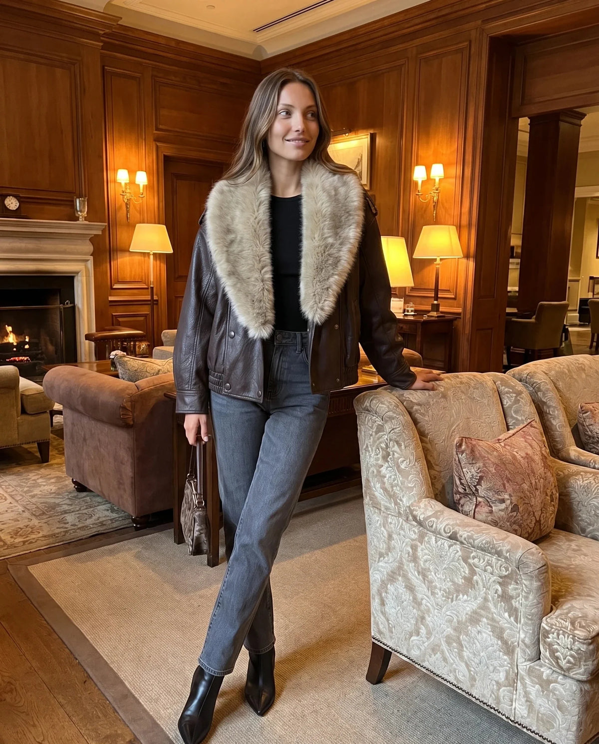 Veste simili marron à col fausse fourrure Quitterie, portée dans un hall d'hôtel boisé