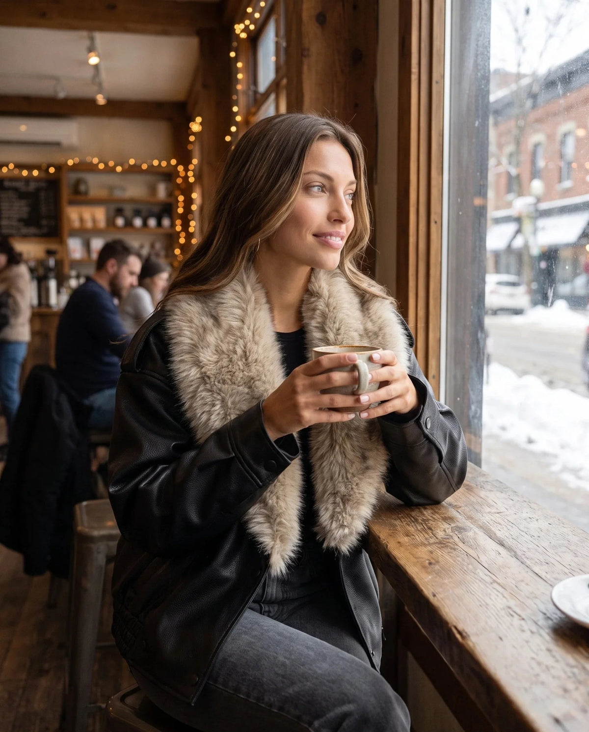 Veste simili noire à col fausse fourrure Quitterie, portée dans un café d'hiver