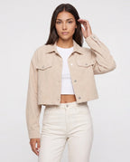 Veste courte en velours côtelé Y2K beige clair Sidonie, plan rapproché en studio