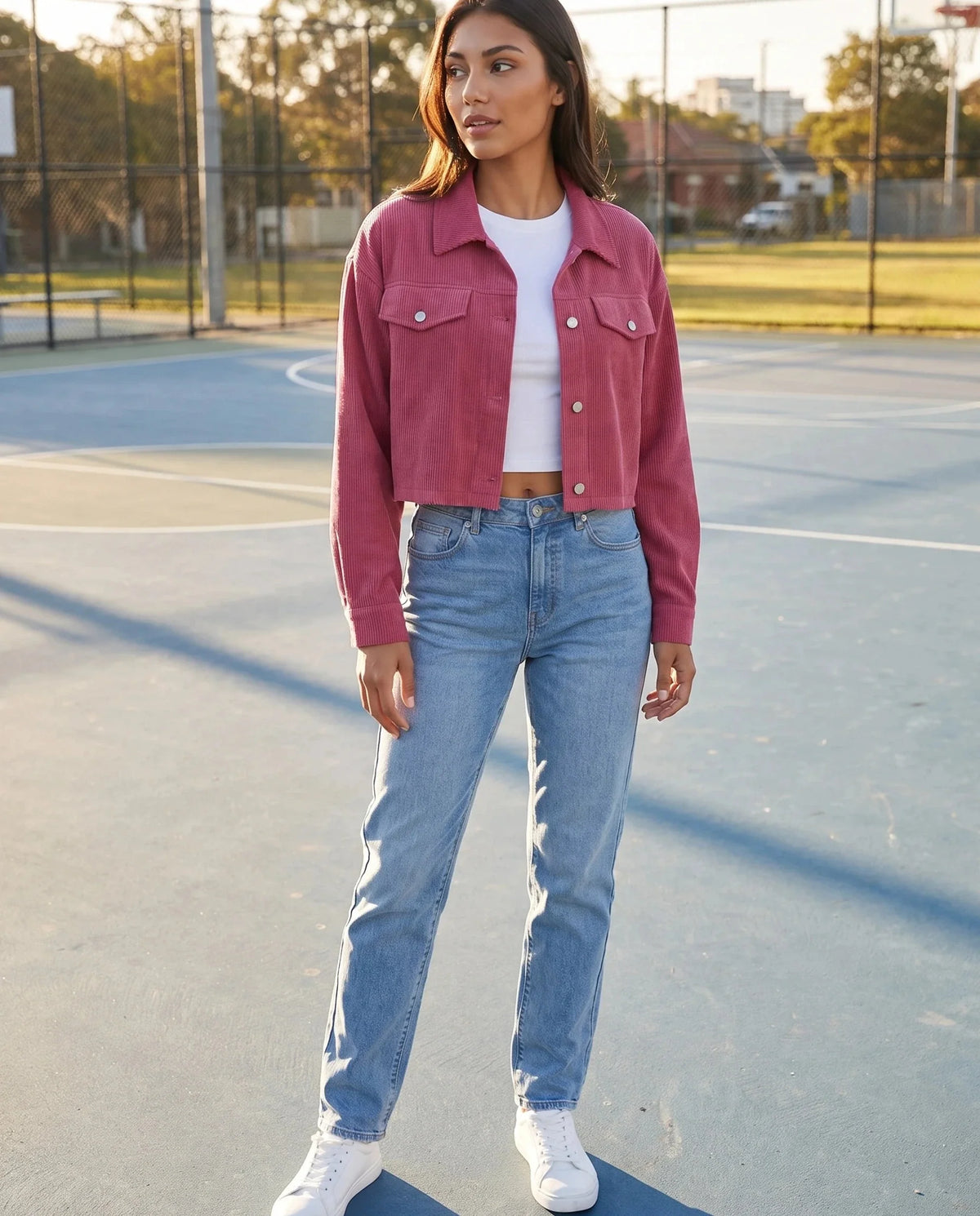 Veste courte Y2K rose framboise Sidonie, portée sur un terrain de basket bleu
