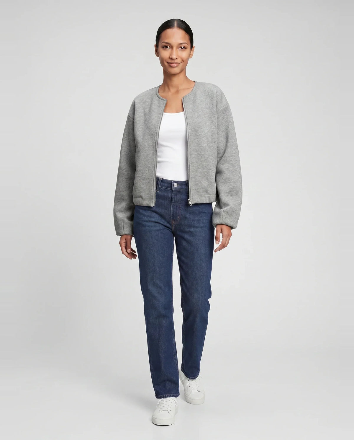 Veste zippée sans col en maille gris chiné Capucine, vue de face en studio
